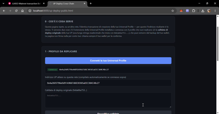Deploy tool showing the Universal Profile connected, with its address filled in automatically