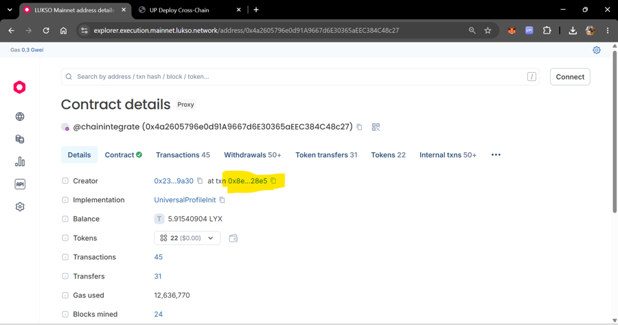 Contract details page with the Creator row showing 'at txn' followed by the creation transaction hash link