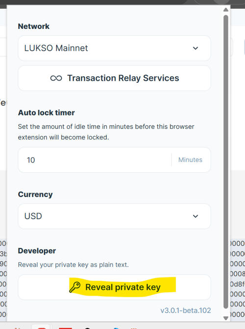 UP extension settings, Developer section, Reveal private key button