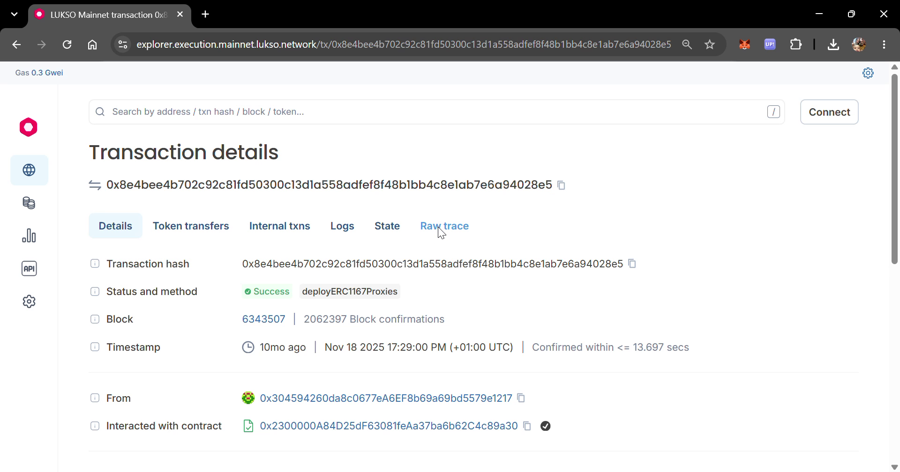 Transaction details page showing method deployERC1167Proxies and the Raw trace tab