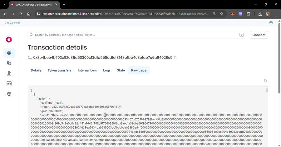 Raw trace tab showing the call field with the deployment calldata