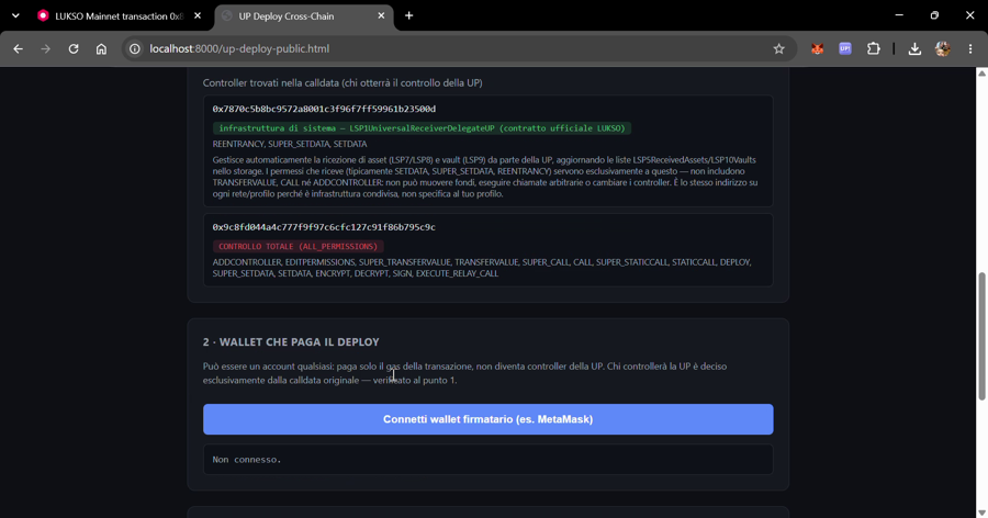 Deploy tool showing the decoded controllers, one flagged as system infrastructure and one with ALL_PERMISSIONS